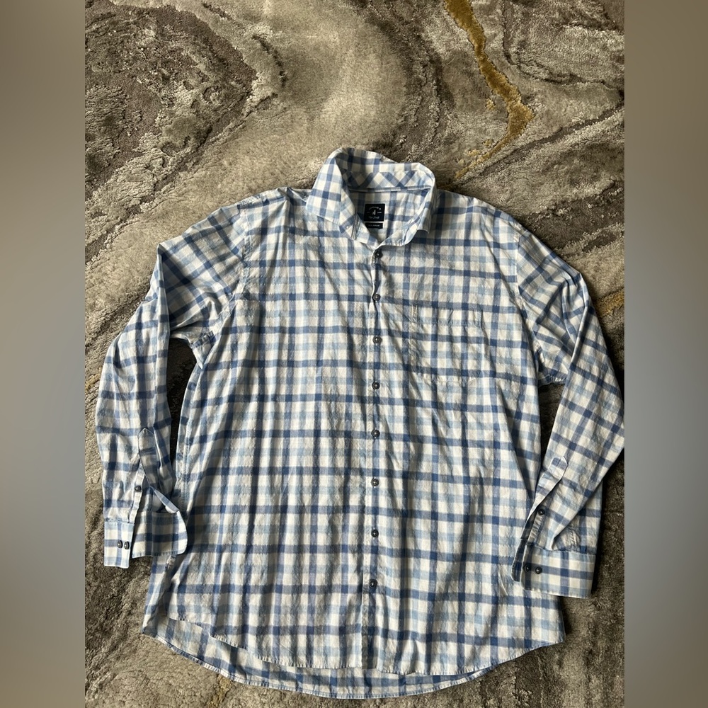 Johnnie-O Blue And White Plaid Men's Long Sleeve Plaid Shirt, Size XXL Button Up